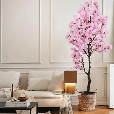 7ft Artificial Cherry Blossom Tree With Pink Flowers, Faux Cherry Blossom Tree In Pot, Lifelike Fake Cherry Blossom Plant For Indoor And Outdoor Decor