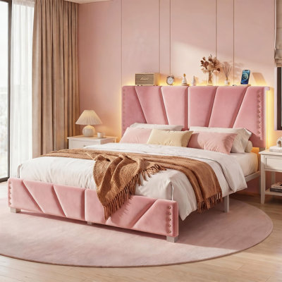 Upholstered Storage Platform Bed Frame with Adjustable Height Velvet Headboard, LED Light & Charging Station, No Box Spring Needed