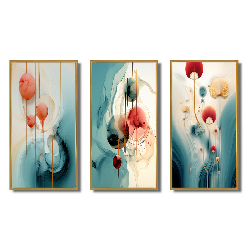 «Tender Awakening» en bleu et rouge - Ensemble d'art géométrique moderne de 3 pièces, Cadre flottant doré, H 28 po x l 36 po
