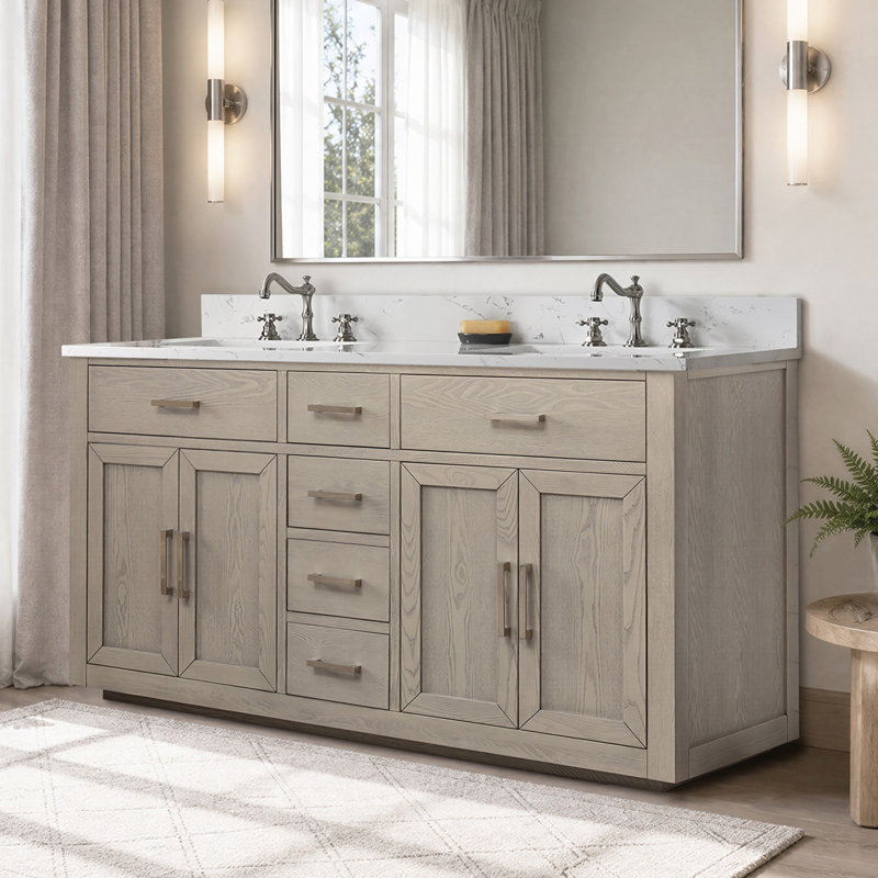 Arrthor 60'' Freestanding Double Bathroom Vanity with Engineered Stone Top, Antique Gray Oak, Soft Carrara White, 60"