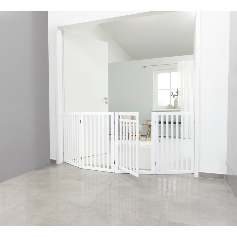 White Freestanding 4-Panel Wooden Pet Gate with Walk-Through Door