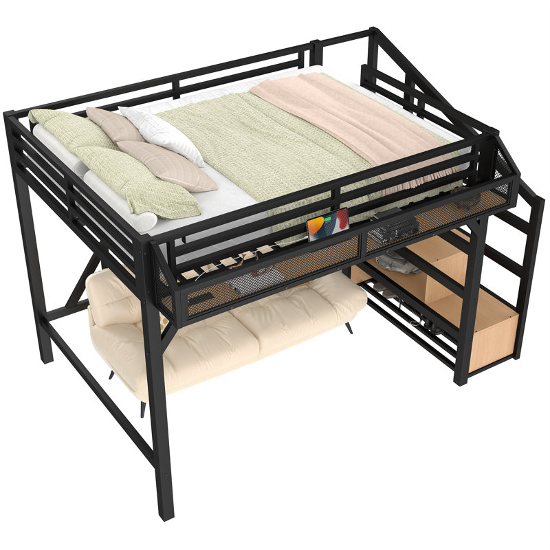 Full Loft Bed with Storage Stairs, Shelves and Built-in Wardrobe, Metal Loft Bed Frame with USB Ports and LED Lights, Noise-reduced Design, Natural Wood
