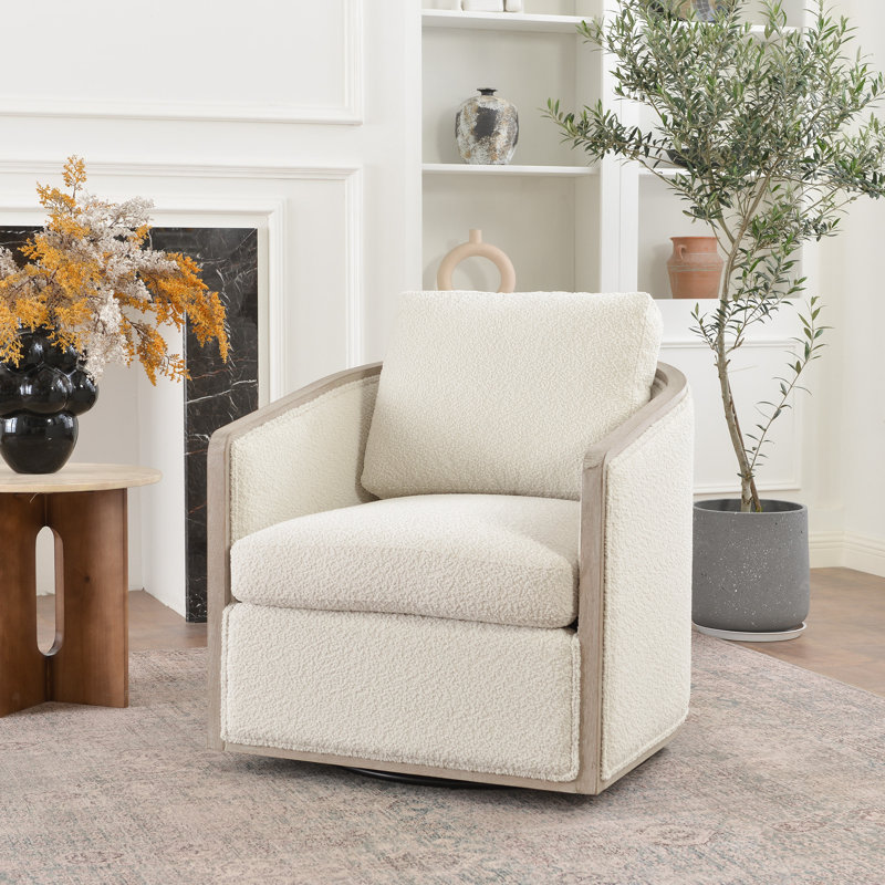 Fauteuil demi-tonneau pivotant de 30 po Holl, Tissu performance bouclé blanc
