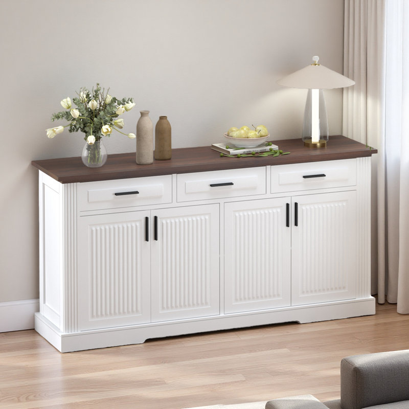 63" Fluted Sideboard Buffet Cabinet With Storage, Modern Coffee Bar Station With 4 Doors And 3 Drawers, Kitchen Storage Console Table