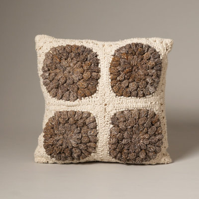 Ivory Crochet Medallion 18" x 18" Cotton Throw Pillow with Polyester Insert, Brown Textured Boho Accent Pillow