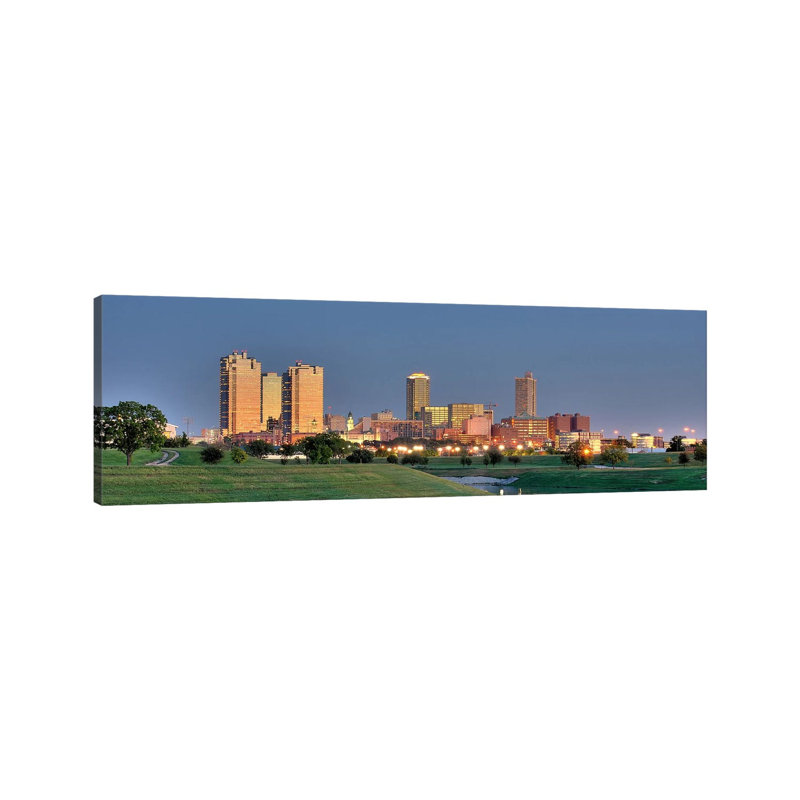 Fort Worth Panoramic Skyline Cityscape (Evening) by Unknown Artist - Wrapped Canvas Panoramic Print