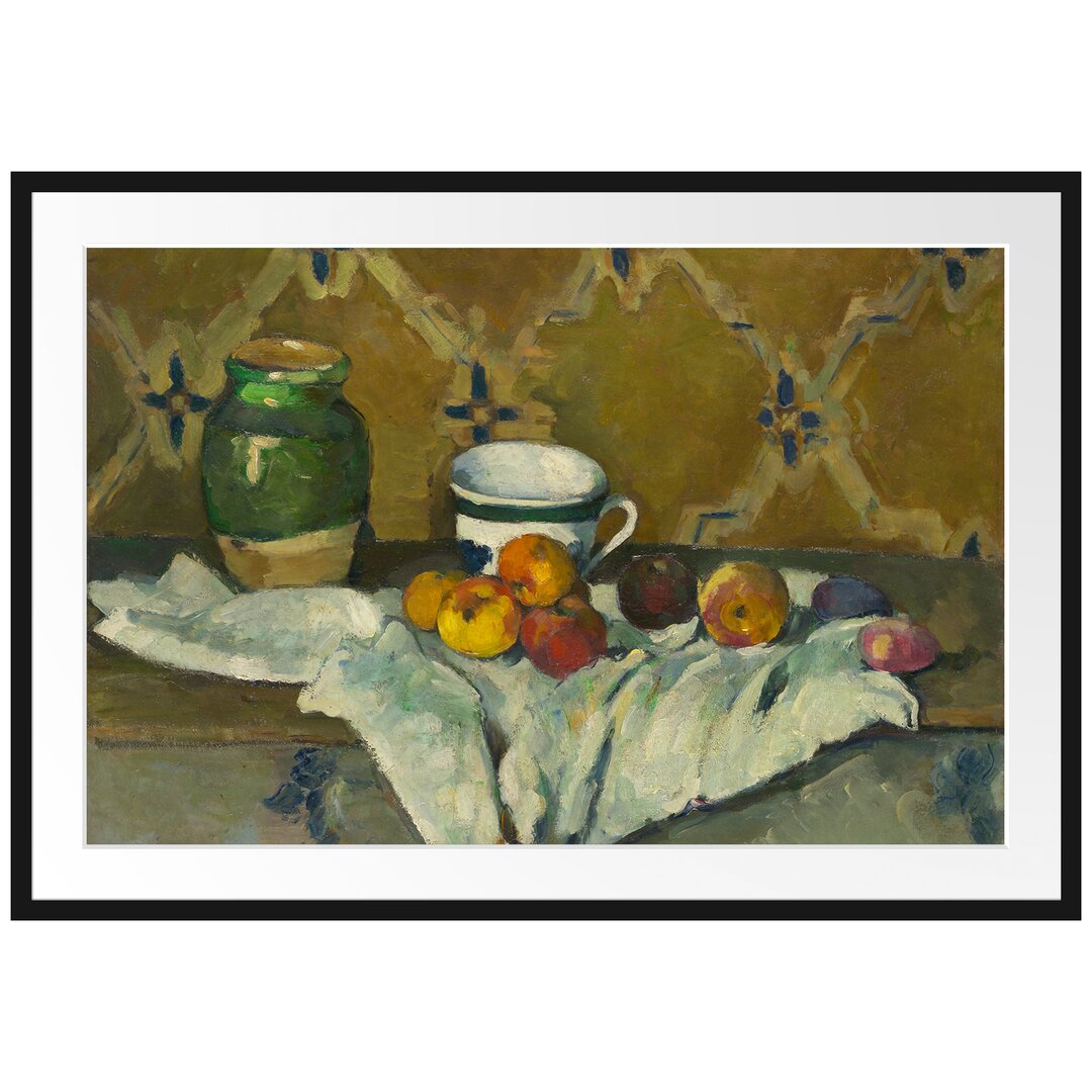 Gerahmter Kunstdruck Still Life with Jug Cup and Apples von Paul Cezanne