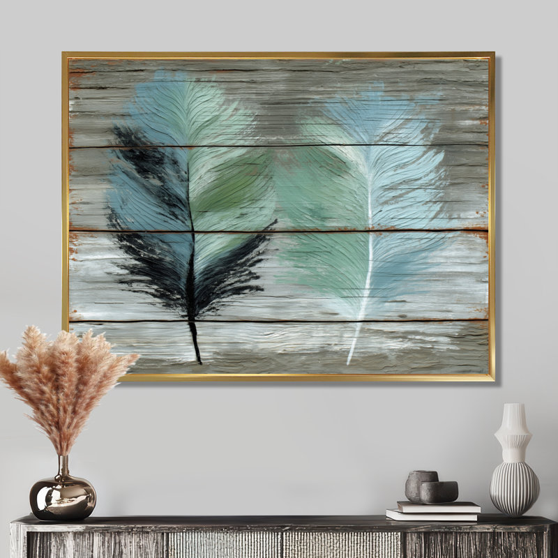 «Boho Wood Texture Feather», reproduction d'art sur toile encadrée, art mural Boho vert, H 34 po x l 44 po, Cadre flottant