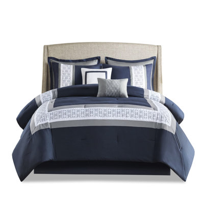King 8 Piece - Navy Comforter, , Embroidery Embroidered Euro Shams