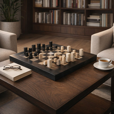 Stylish Petrified Wood Chess Game Set For Tabletop - Decorative Coffee Table Game For Living Room Decor Or Family Game Nights - 20", Black & Ivory