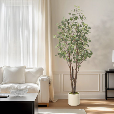 Realistic Floor Plant Set, Artificial Eucalyptus Tree with White Planter and Lights, Great for Small Spaces, Home Office & Living Room