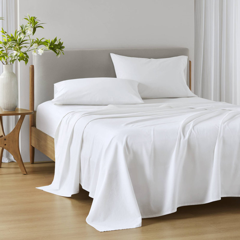 Ensemble de draps 100% coton 144TC, Blanc, Ensemble de draps pour lit simple avec 1 taie d'or