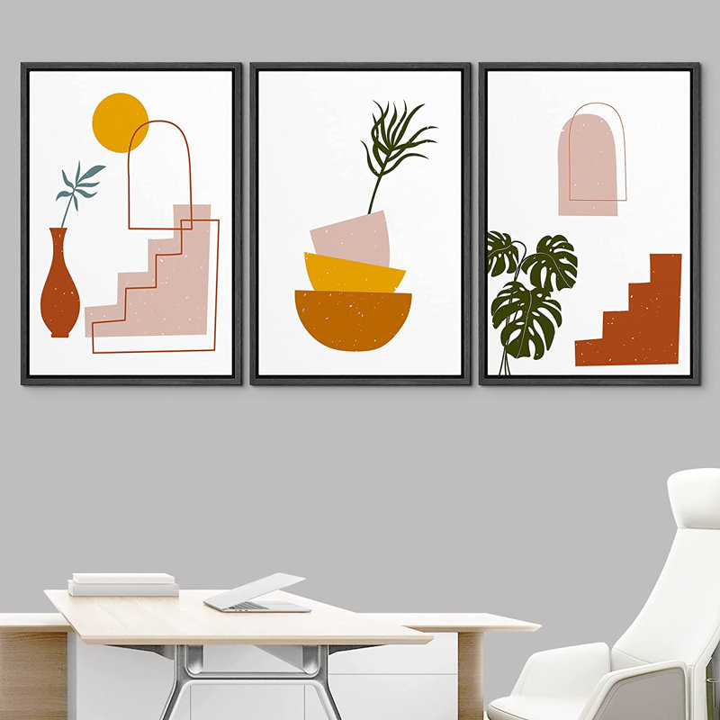 Cadre flottant style Mid-Century, 3 pièces, impression sur toile, Noir, H 24 po x l 48 po x P 1,5 po