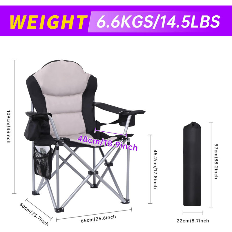 Chaise de camping chauffée pour l'extérieur avec banque d'alimentation 10000 mAh de Muke, porte-gobelet, poches latérales et sac de transport (1 paquet)