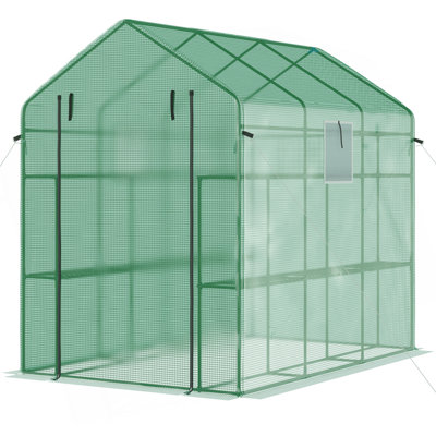 Outsunny 7' x 5' x 6' Walk-in Greenhouse with Mesh Door and Windows, 18 Shelf Hot House with Trellis, Plant Labels, UV protective for Growing Flowers, Herbs, Vegetables, Saplings, Green