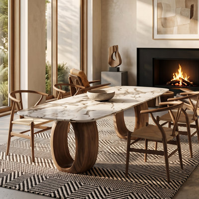 Modern 78.74" Pandora Stone Dining Table with Oval Wood Base, Rectangular