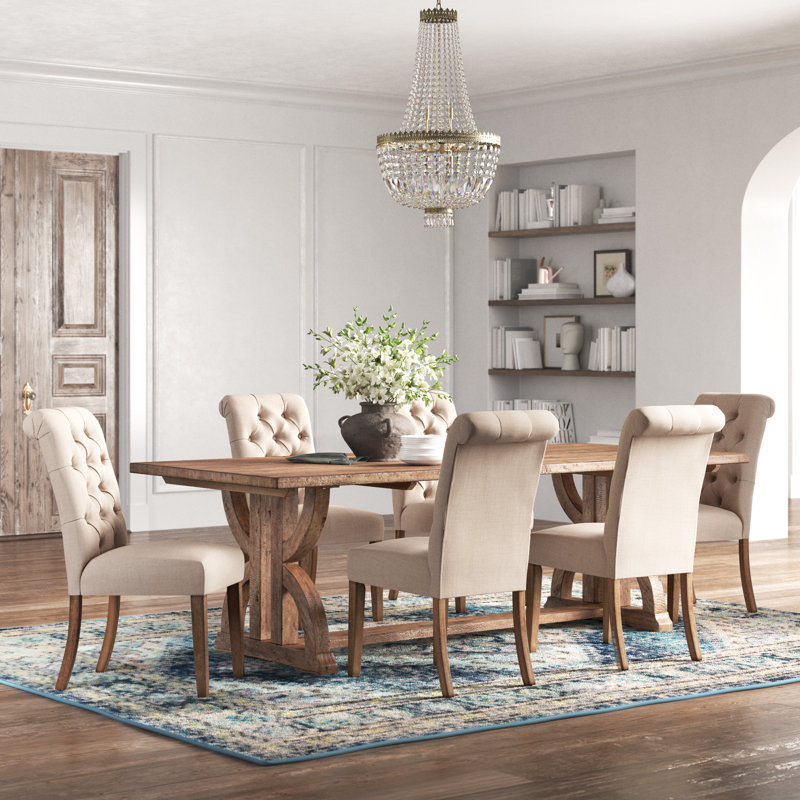 Aldrina 6 - Person Solid Wood Solid Wood Top Trestle Dining Set, Beige Linen