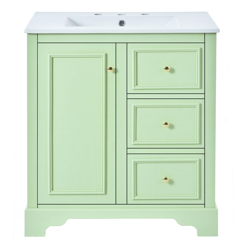 Armoire de meuble-lavabo 30 po avec lavabo en céramique, 3 tiroirs et tablettes réglables, Vert/doré