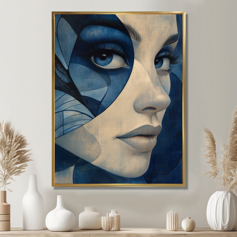 Muse Papillon Saphir - Décoration murale sur toile pour femme à la mode, H 32 po x l 16 po, Cadre flottant doré
