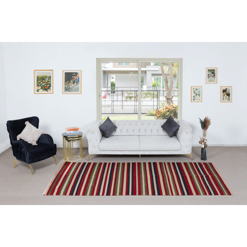 Tapis kilim anatolien tissé à la main 4,8 x 9,8 pi avec rayures colorées, «Flat-Weve», 100% laine