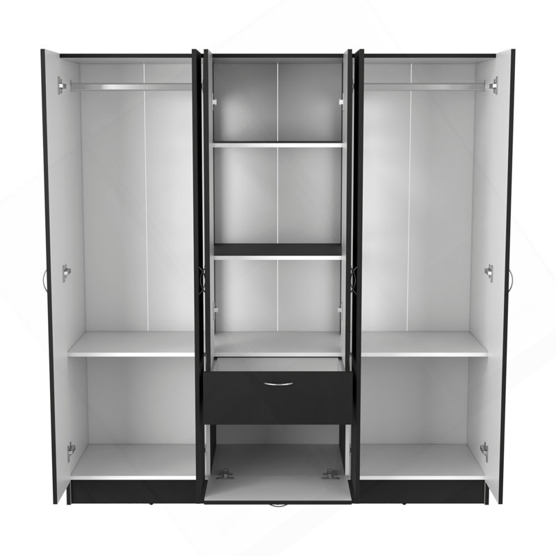 Armoire 6 portes Kibo, un tiroir, une tige, sept tablettes intérieures, wengé noir / blanc - chambre à coucher, Noir blanc