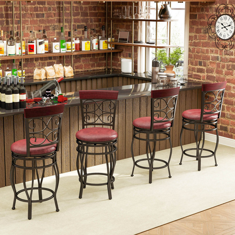 26" Swivel Bar Stools Set Of 4 With Upholstered Seat Scroll Backrest Footrest Brown, 4