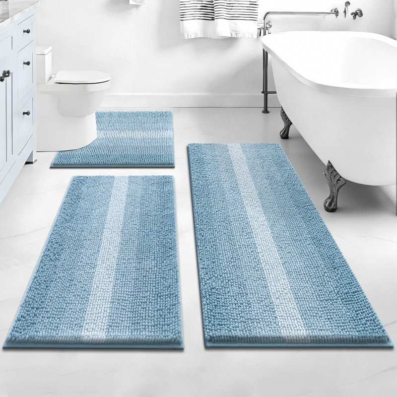 Tapis de bain en chenille à rayures dégradées (ensemble de 3), Bleu