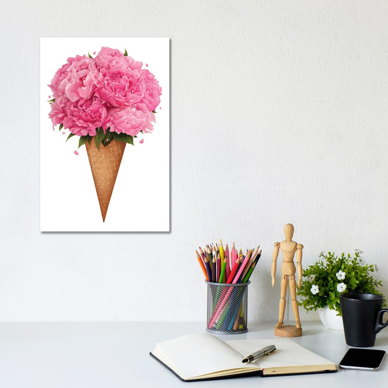 Ice Cream With Peonies by Valeriya Korenkova - Wrapped Canvas Painting, 20.32 cm H x 30.48 cm W