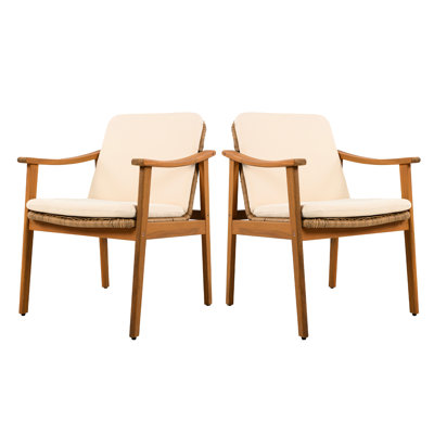 Chaise de salle à manger d'extérieur avec 2 coussins de siège beige, l 23,5 po x P 26,5 po, H 32 po, et deux chaises avec structure en bois, capacité imperméable à l'eau de 400 lb, idéale pour les jardins