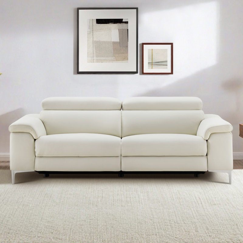 Jefferson Genuine Leather Power Reclining Sofa with Metal Legs, Ivory