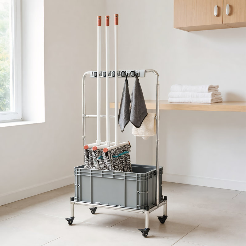 Vadrouille et chariot à outils de nettoyage, avec roues verrouillables et bac autodrainant, cadre en acier inoxydable et deux crochets de séchage, style organisateur mobile