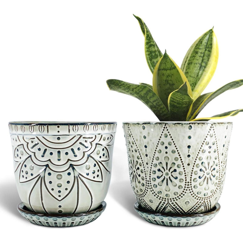 6 Inch Cream White Beaded Ceramic Planter Set Of 2