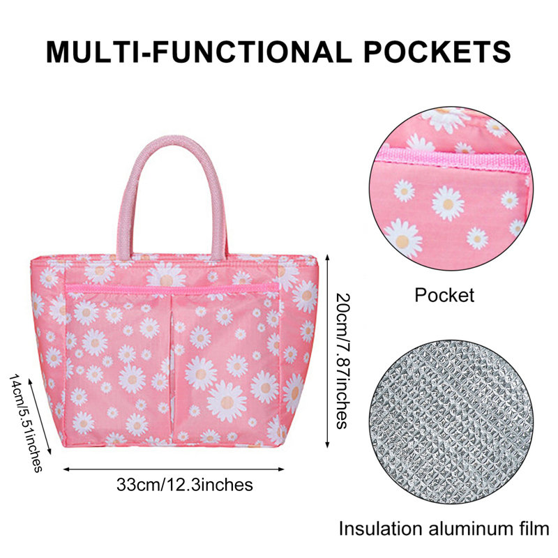 Oxford Cloth Large Capacity Thermal Lunch Bag Daisy-flower Printed Work Food Bento Insulated Pouch Picnic Cooler Bags For School Office 33x20x14cm/12.3x7.87x5.51in,pink