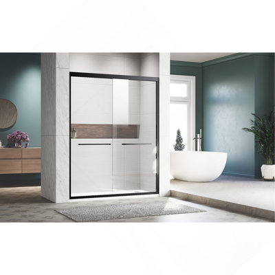 Sliding Shower Glass Door 50-54"W x 72"H, Adjustable Semi Frameless Shower Door, Certified Thick Clear Clear Tempered Glass, 304 Stainless Steel Handles, Black Finish