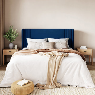 Low-Profile Velvet Upholstered Platform Bed with Wingbacks