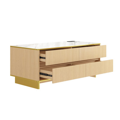 Dickens Modern Marble Coffee Table With Built-In Power & LED Lighting – Compact Size, Gold Trim, Remote/App Control