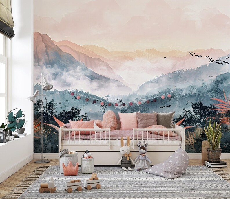 Soft Blush Tropical Mountain Landscape Wall Mural, 108" L x 160" W