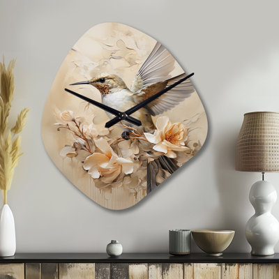 Fluttering Floral Hummingbird I - Unique Shape Modern Metal Wall Clock, Beige Wall Clock Print