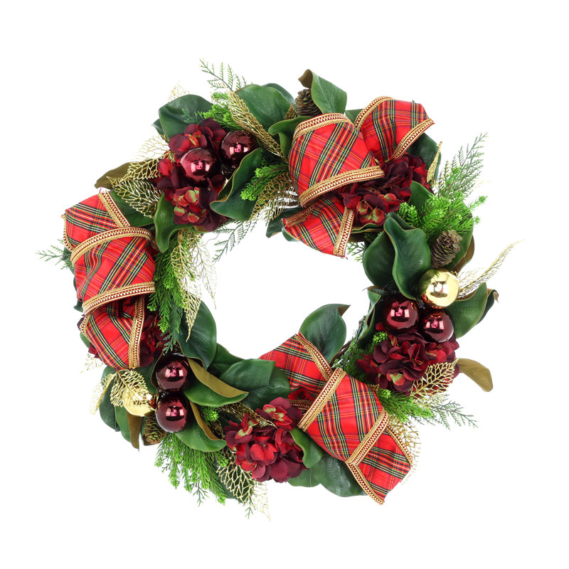 Couronne de Noël 28 po avec hortensias et boucles
