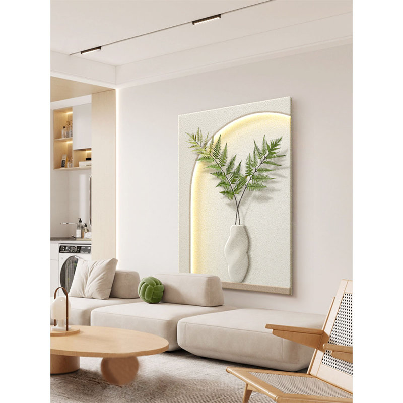 Nordic Wabi-Sabi Led 3d Sandstone Fern Mural For Entry & Living, 59.06" H x 39.37" W x 1.97" D