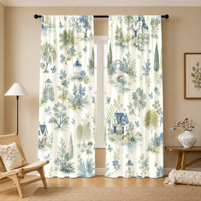 2Pcs Pastoral Village Landscape Print Curtains, Light Filtering Fabric with Charming Cottage, Bridge, and Gazebo Scenery, Rod Pocket Design for Living Room, Bedroom, Balcony, Kitchen Home Decor