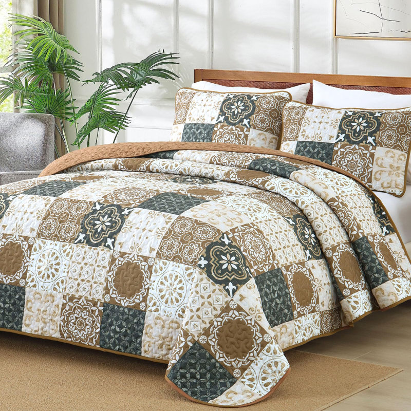 Ensemble de courtepointe 3 pièces Patchwork Boho, Courtepointe très grand et 2 très grandes taies