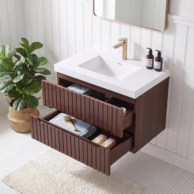 Meuble-lavabo mural simple en noyer foncé avec bassin blanc intégré en acrylique