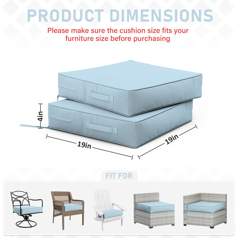 Coussins de siège d'extérieur (ensemble de 2), L 19 po x P 19 po, 4 pouces, Bleu ciel