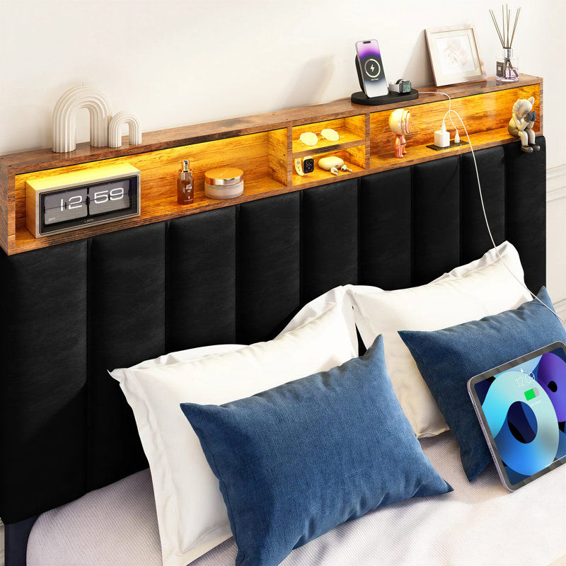 Structure de lit rembourrée avec tête de lit et tête de rangement avec lumières DEL intelligentes et station de charge USB, sans bruit, sans sommier