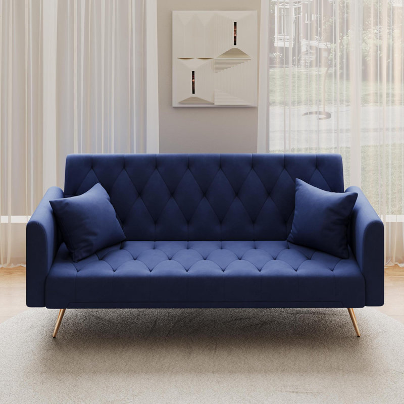 Soft and cosy tufted upholstered Futon Sofa, Blue Velvet