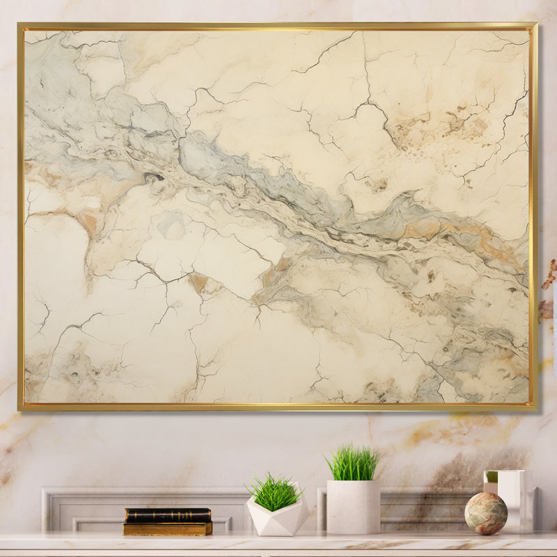 «Beige and White Marble River I», reproduction sur toile, Cadre flottant doré, H 34 po x l 44 po x P 1,5 po