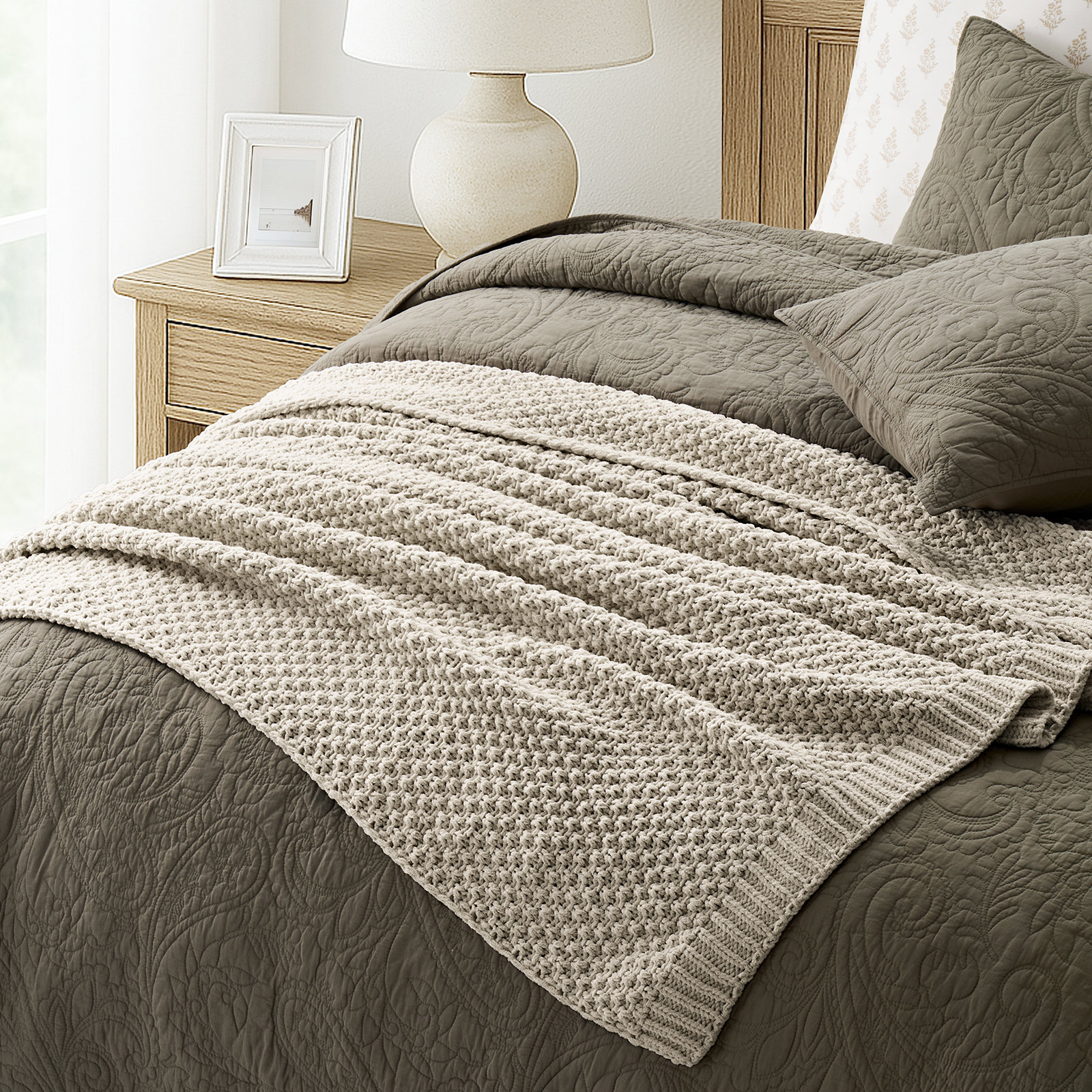 Chunky Chenille Knit Throw Blanket, 90" L x 90" W, Warm Gray