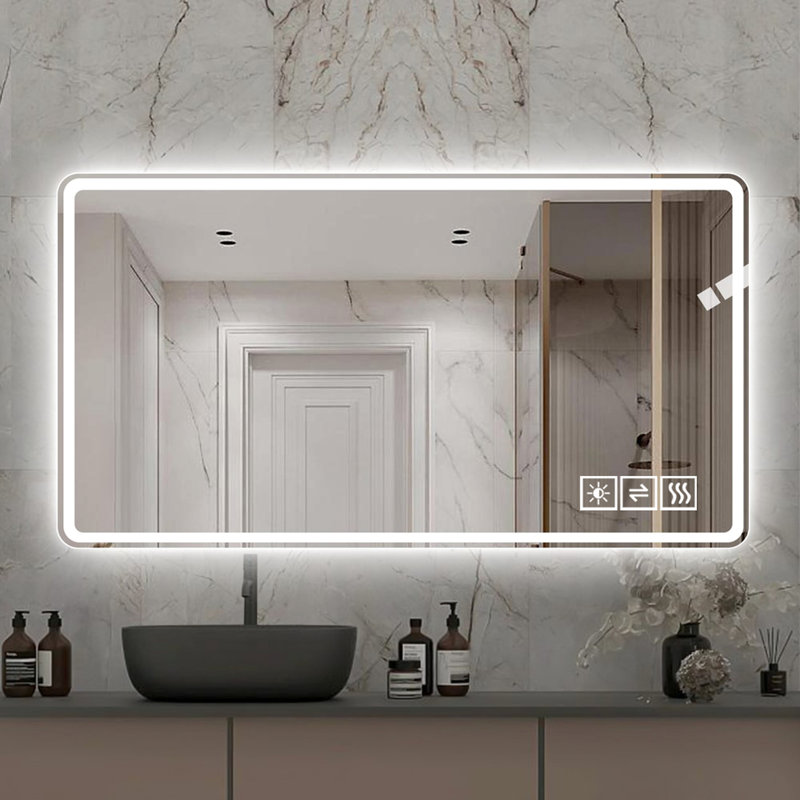 Miroir de salle de bain avec DEL et brouillard: 3 lumières colorées, 5 niveaux à intensité variable, fixation murale, lumières et couleurs de construction, intensité variable, fixation, forte