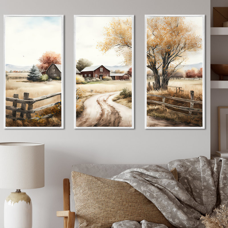 «Beautiful Barn In Spring VI», reproduction sur toile 3 pièces, H 28 po x l 36 po, Cadre flottant blanc